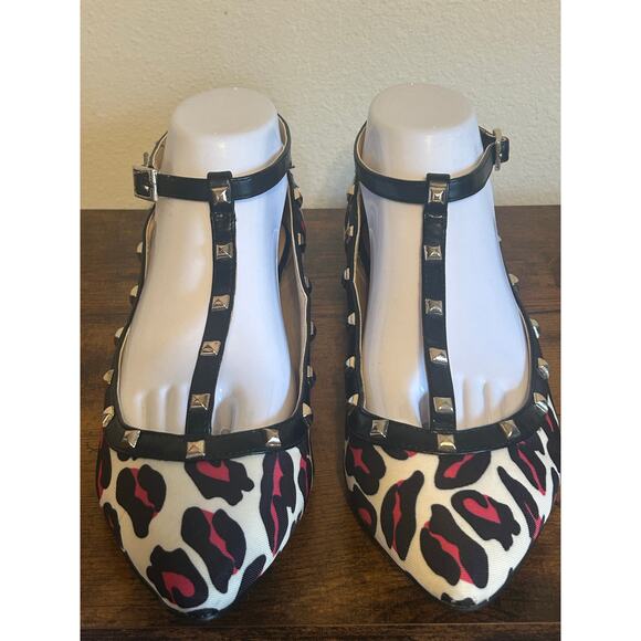 BCBGeneration Hot Pink Leopard Print Studded T-Strap Ballet Flats Size 10 - Picture 7 of 10